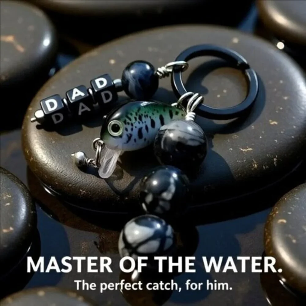 DAD! Personalized Fishing Lure Key Chain - Beaded Black + Gray Fish Key Ring